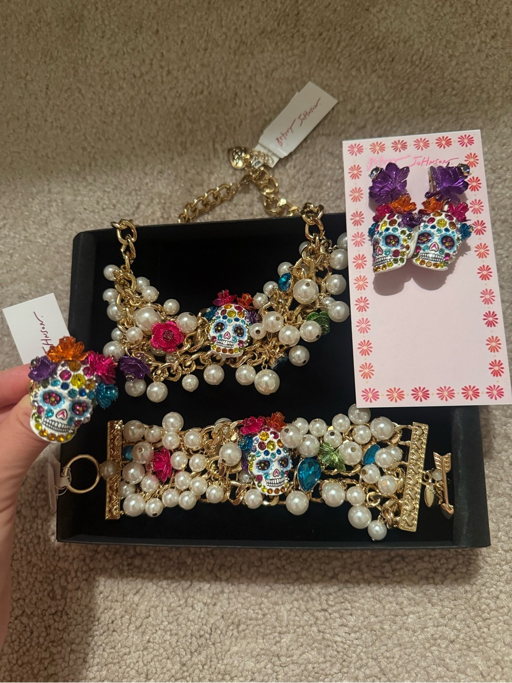 Betsey Johnson Multicolor Pearl Sugar Skull Bracelet, Necklace, ring & Earrings